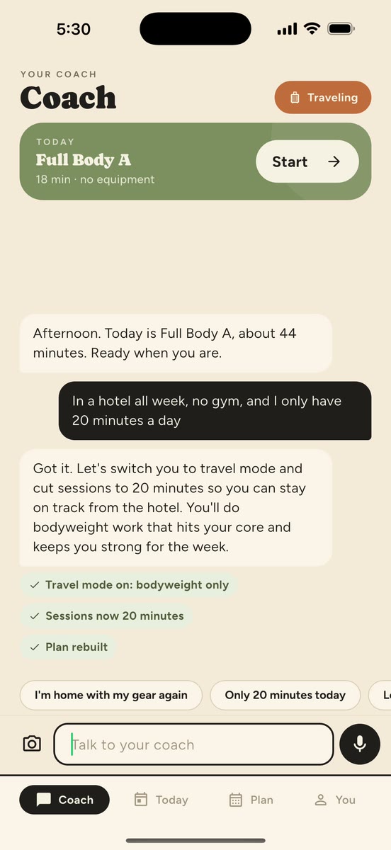 FittyBitty coach chat switching on travel mode and 20-minute sessions