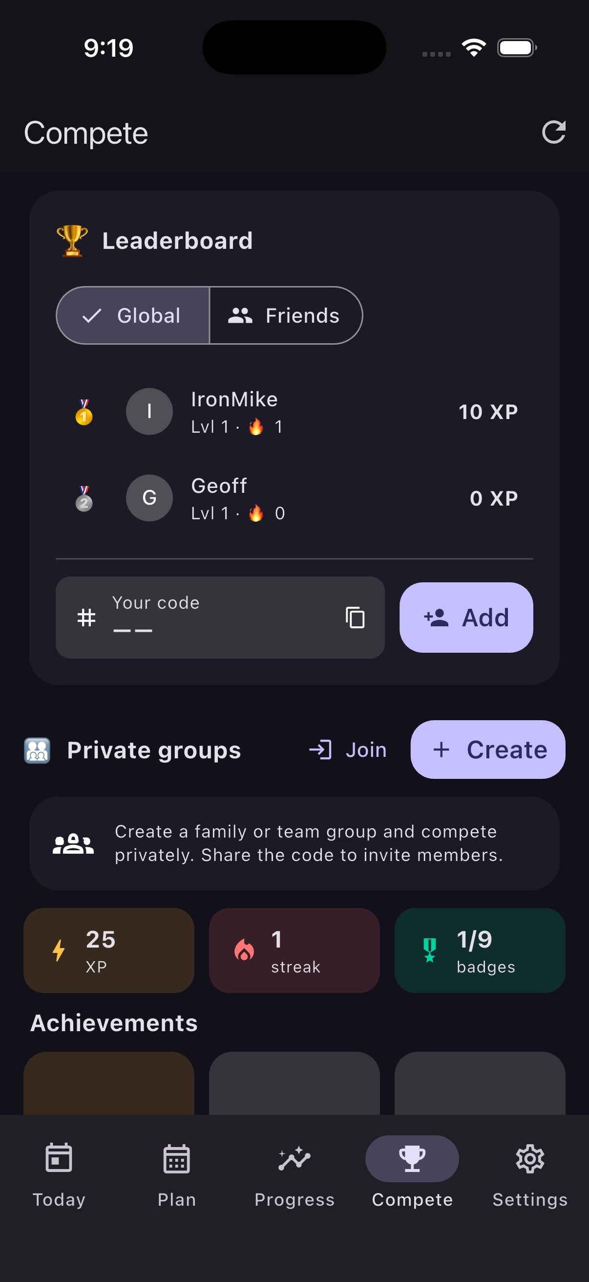 FittyBitty compete screen with leaderboard and private groups