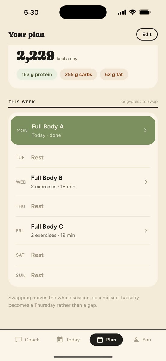 FittyBitty weekly plan with daily calorie and macro targets