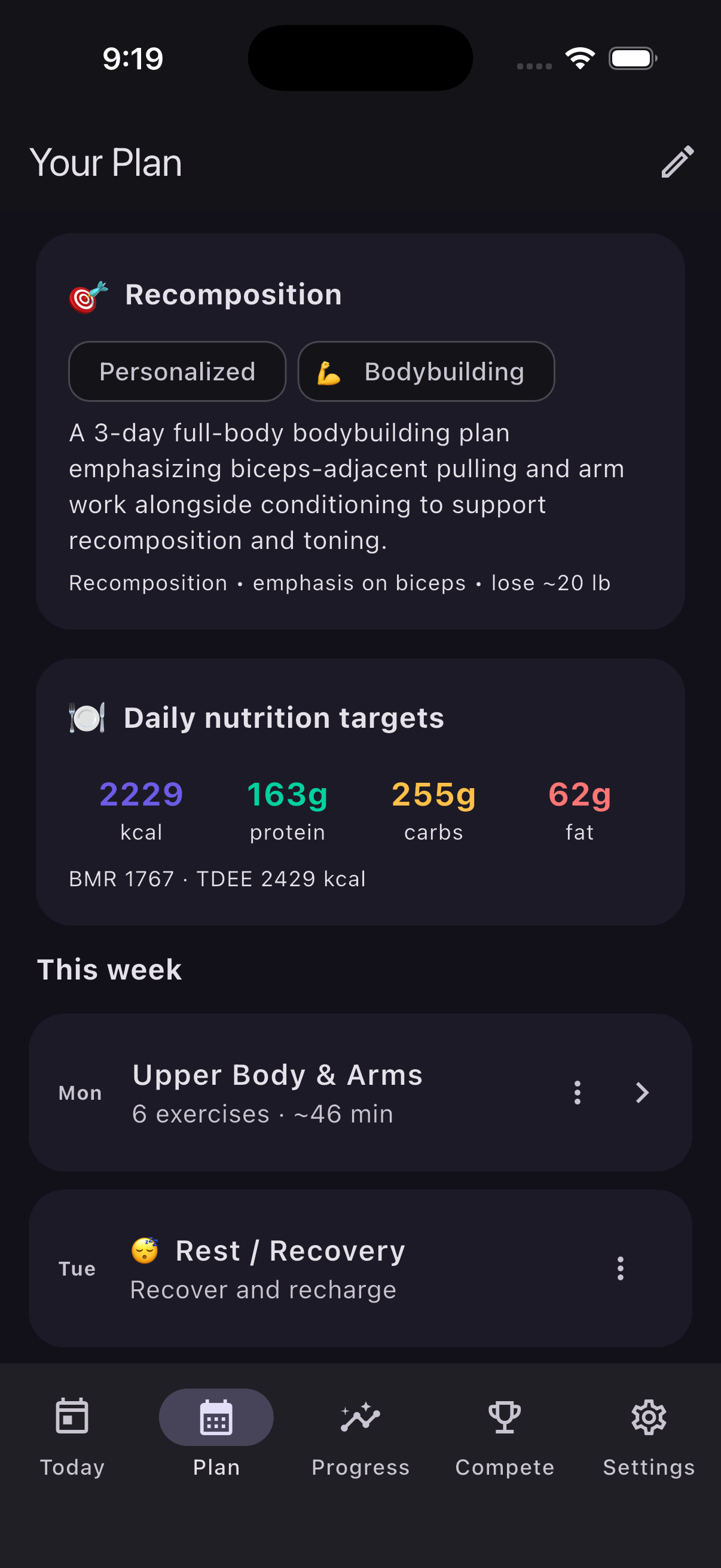 FittyBitty weekly plan with nutrition targets