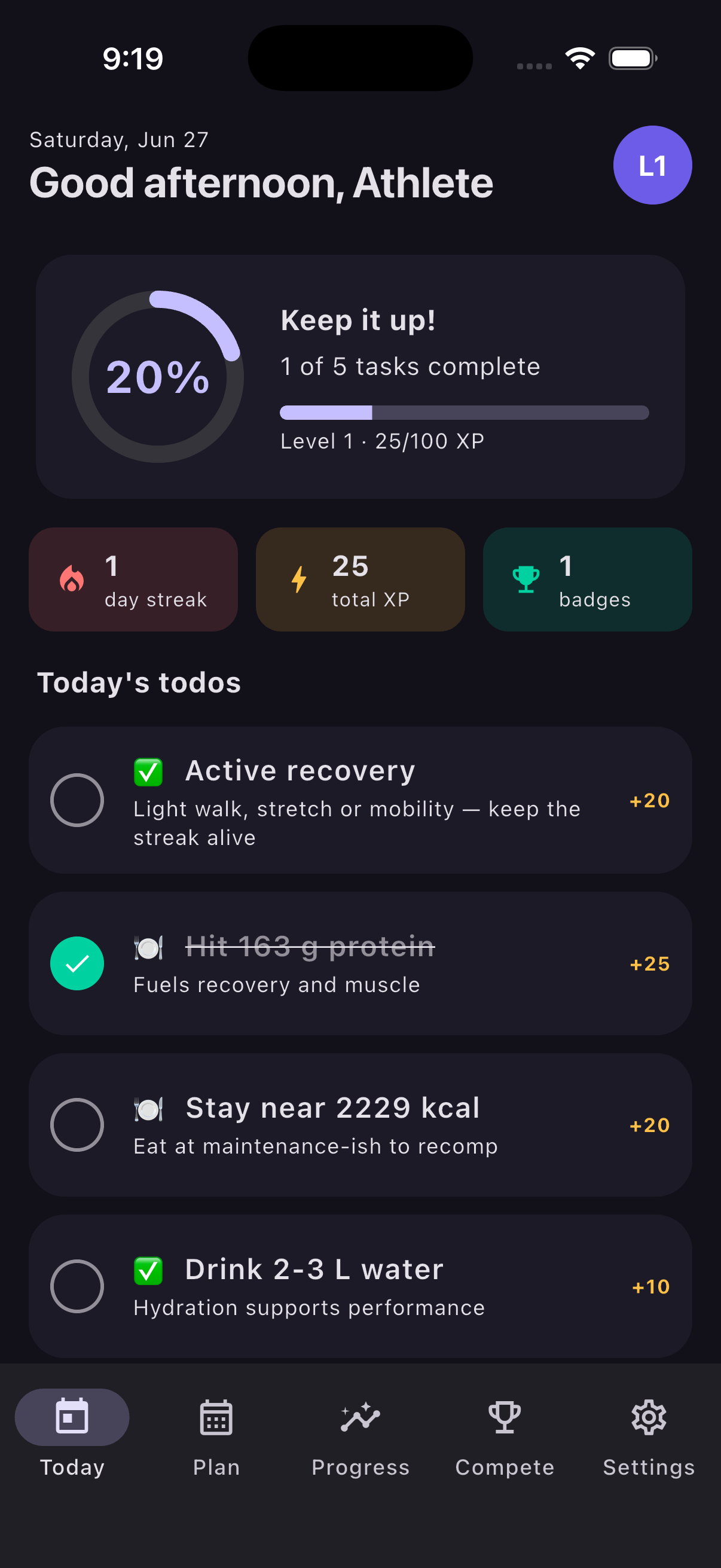 FittyBitty Today screen showing today's fitness checklist