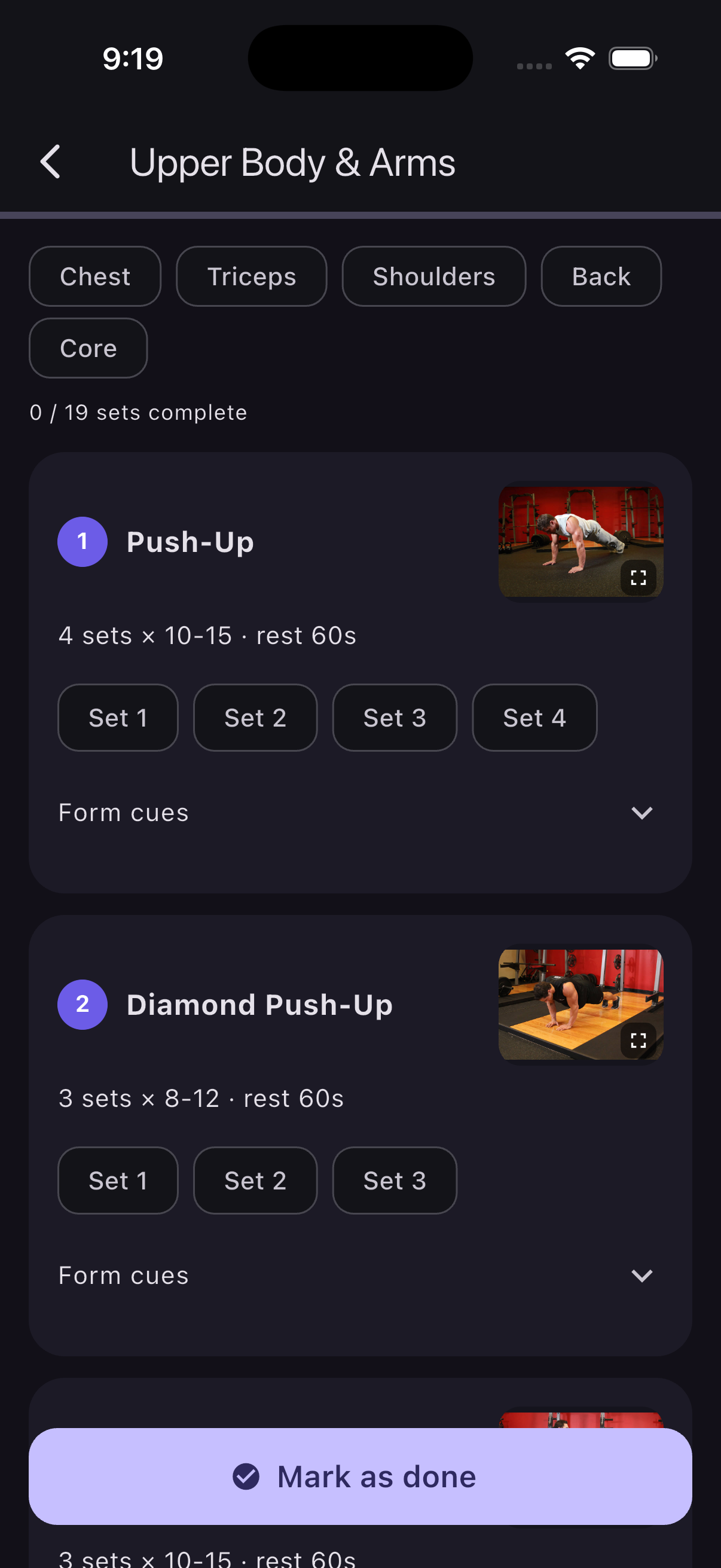 FittyBitty workout with sets and real exercise photos